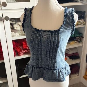 ASOS Blue Denim Ruffle Blouse